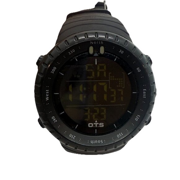 O.T.S Round Watch T7005G Mens 51mm Black LCD Digital Quartz Alarm Chrono WR 5ATM - Picture 1 of 6